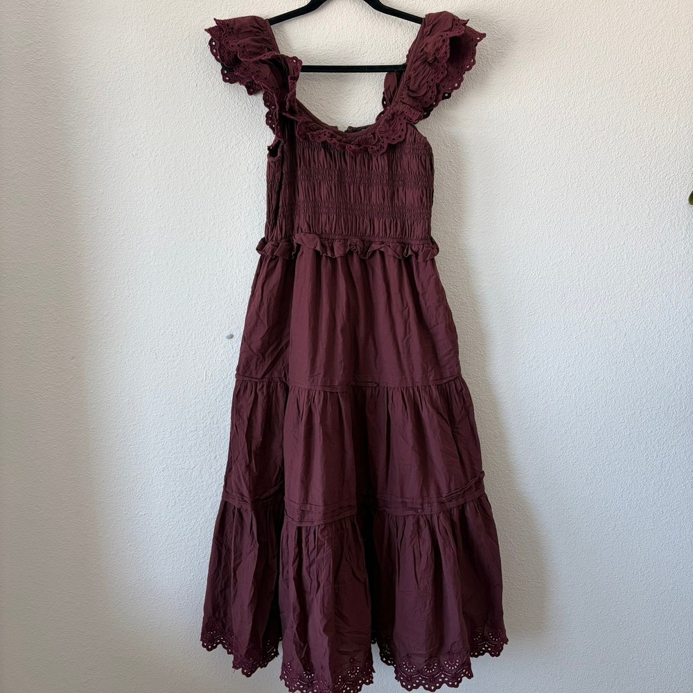Madewell Midi Dress Women 00‎ Burgundy Eyelet Smocked Tiered Pockets Cottagecore